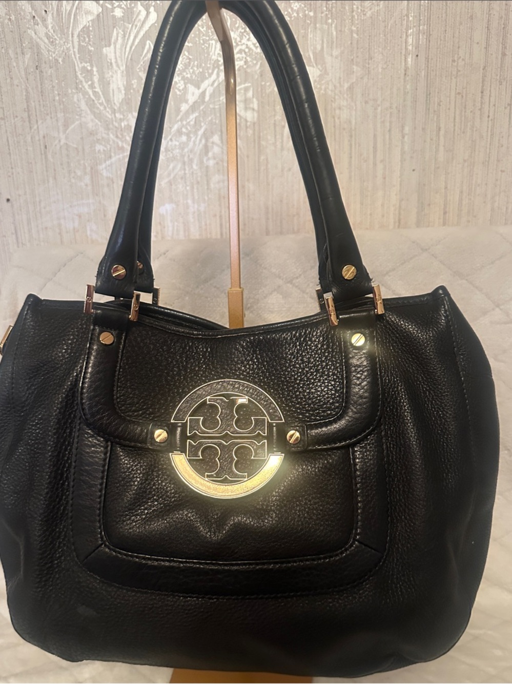 Tory Burch Black Leather Shoulder Bag with Gold Logo Medallion